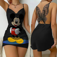 Cartoon Mickey Minnie Women Fashion Backless Lace Butterfly Nightdress Lettuce Edge - Lusy Store LLC