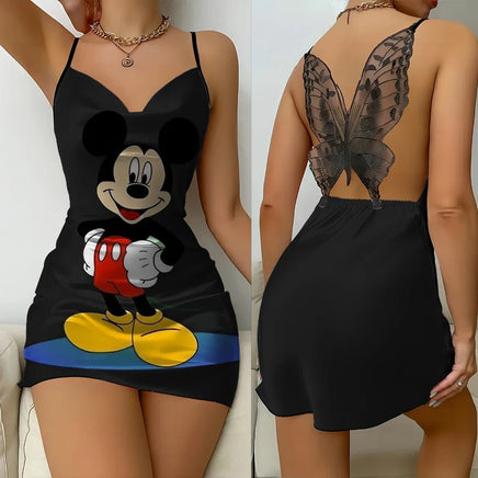 Cartoon Mickey Minnie Women Fashion Backless Lace Butterfly Nightdress Lettuce Edge - Lusy Store LLC