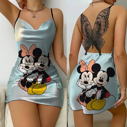 Cartoon Mickey Minnie Women Fashion Backless Lace Butterfly Nightdress Lettuce Edge - Lusy Store LLC