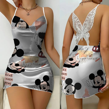 Cartoon Mickey Minnie Women Fashion Backless Lace Butterfly Nightdress Lettuce Edge - Lusy Store LLC