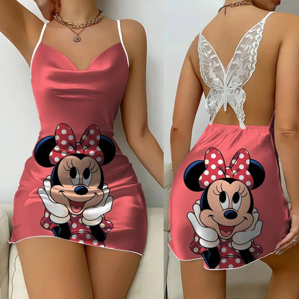 Cartoon Mickey Minnie Women Fashion Backless Lace Butterfly Nightdress Lettuce Edge - Lusy Store LLC