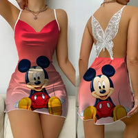 Cartoon Mickey Minnie Women Fashion Backless Lace Butterfly Nightdress Lettuce Edge - Lusy Store LLC