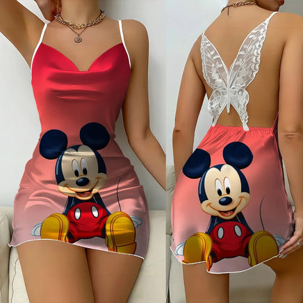 Cartoon Mickey Minnie Women Fashion Backless Lace Butterfly Nightdress Lettuce Edge - Lusy Store LLC