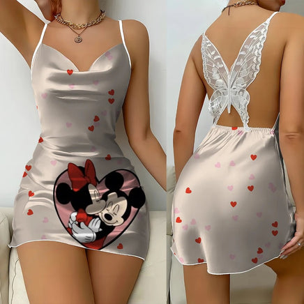 Cartoon Mickey Minnie Women Fashion Backless Lace Butterfly Nightdress Lettuce Edge - Lusy Store LLC