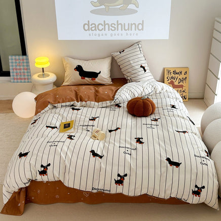 Cartoon Puppy Striped 4 - Piece Cotton Bedding Set - Lusy Store LLC