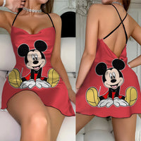 Cross Dress Fashion Crew Neck Minnie Mouse Mickey Lettuce Trim Elegant Women Backless Neck - Lusy Store LLC