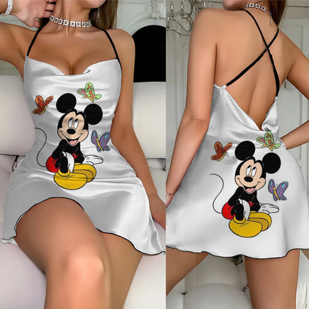 Cross Dress Fashion Crew Neck Minnie Mouse Mickey Lettuce Trim Elegant Women Backless Neck - Lusy Store LLC 