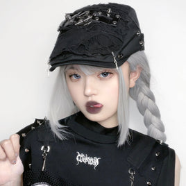 Edgy Halloween Punk Subculture Ripped Painter Beret with Big Head Circumference - Lusy Store LLC