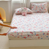 Hello Kitty Bed Mattress Cover Kawaii Cartoon Cinnamoroll Kuromi Bed Linen Fitted Sheet Single Queen Size - Lusy Store LLC