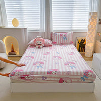 Hello Kitty Bed Mattress Cover Kawaii Cartoon Cinnamoroll Kuromi Bed Linen Fitted Sheet Single Queen Size - Lusy Store LLC