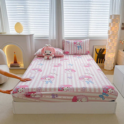 Hello Kitty Bed Mattress Cover Kawaii Cartoon Cinnamoroll Kuromi Bed Linen Fitted Sheet Single Queen Size - Lusy Store LLC