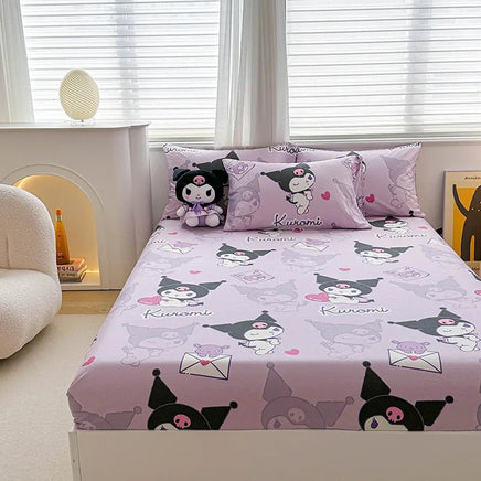 Hello Kitty Bed Mattress Cover Kawaii Cartoon Cinnamoroll Kuromi Bed Linen Fitted Sheet Single Queen Size - Lusy Store LLC