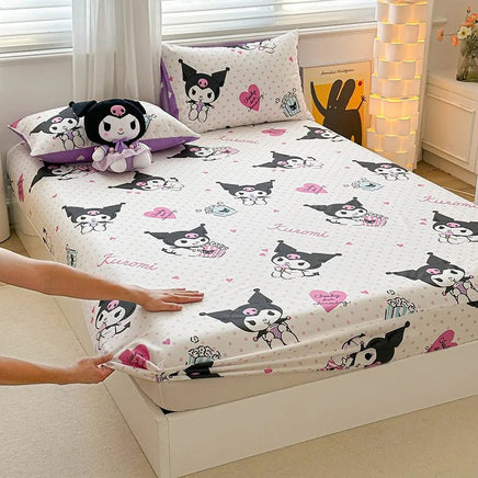 Hello Kitty Bed Mattress Cover Kawaii Cartoon Cinnamoroll Kuromi Bed Linen Fitted Sheet Single Queen Size - Lusy Store LLC