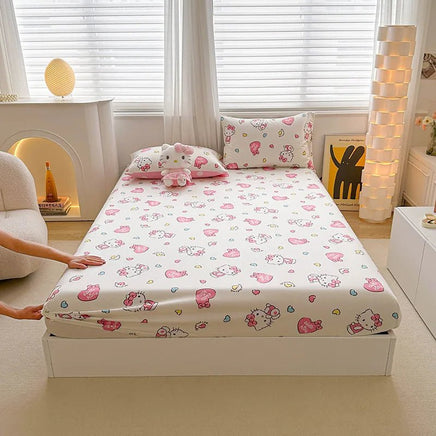 Hello Kitty Bed Mattress Cover Kawaii Cartoon Cinnamoroll Kuromi Bed Linen Fitted Sheet Single Queen Size - Lusy Store LLC