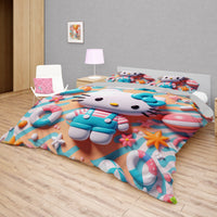 Hello Kitty bedding - Summer bedding set beach Kitty cute 3D high quality linen fabric duvet cover & pillowcase - Lusy Store LLC