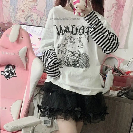 Hello Kitty Patchwork Stripe Long Sleeves Top Y2k Girls Aesthetic Tops - Lusy Store LLC