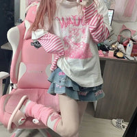 Hello Kitty Patchwork Stripe Long Sleeves Top Y2k Girls Aesthetic Tops - Lusy Store LLC