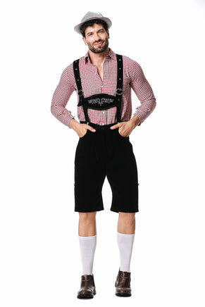 Men's German Traditional Festival Costume Plaid Shirt with Bib Hat - Halloween Performance Wear - Lusy Store LLC