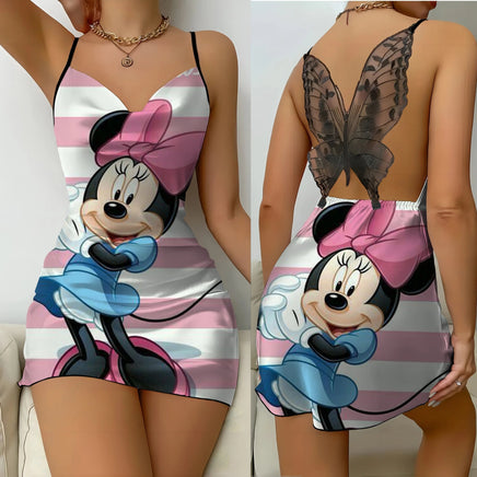 Mickey Backless Dress Satin Surface Bow Knot Minnie Mouse Pajama Skirt Womens Fashion - Lusy Store LLC