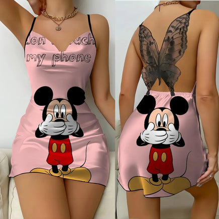 Mickey Backless Dress Satin Surface Bow Knot Minnie Mouse Pajama Skirt Womens Fashion - Lusy Store LLC