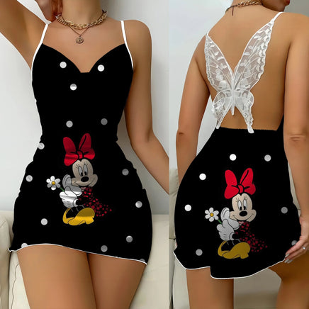 Minnie Mouse Backless Dress Bow Knot Womens Dresses Satin Surface Mickey Pajama Skirt Fashion - Lusy Store LLC