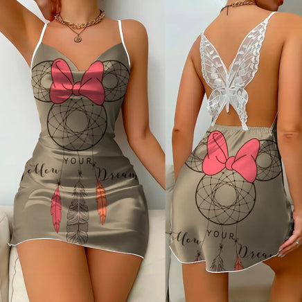 Minnie Mouse Backless Dress Fashion Pajama Skirt Bow Knot Mickey Womens Elegant Women - Lusy Store LLC