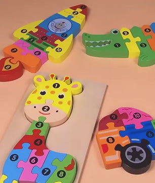 Children's Cartoon Number Animal Puzzle – Wooden 3D Fun