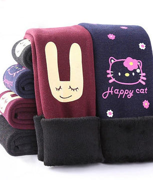 Autumn Winter Girls Plus velvet Warm Leggings Cartoon Hello Kitty Girls Flower Print - Lusy Store