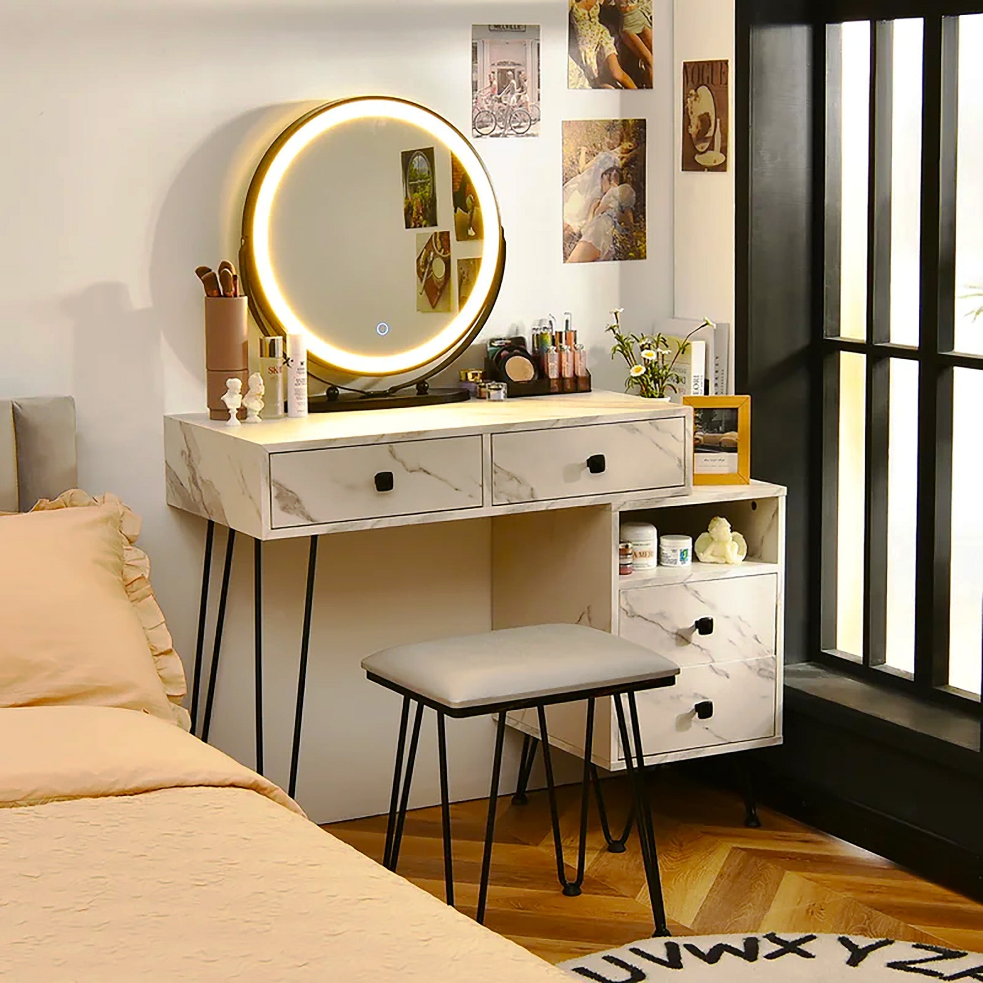 Vanity Table Set with Adjustable Lighted Mirror, Stool and 2 Drawers |  Elecwish.com