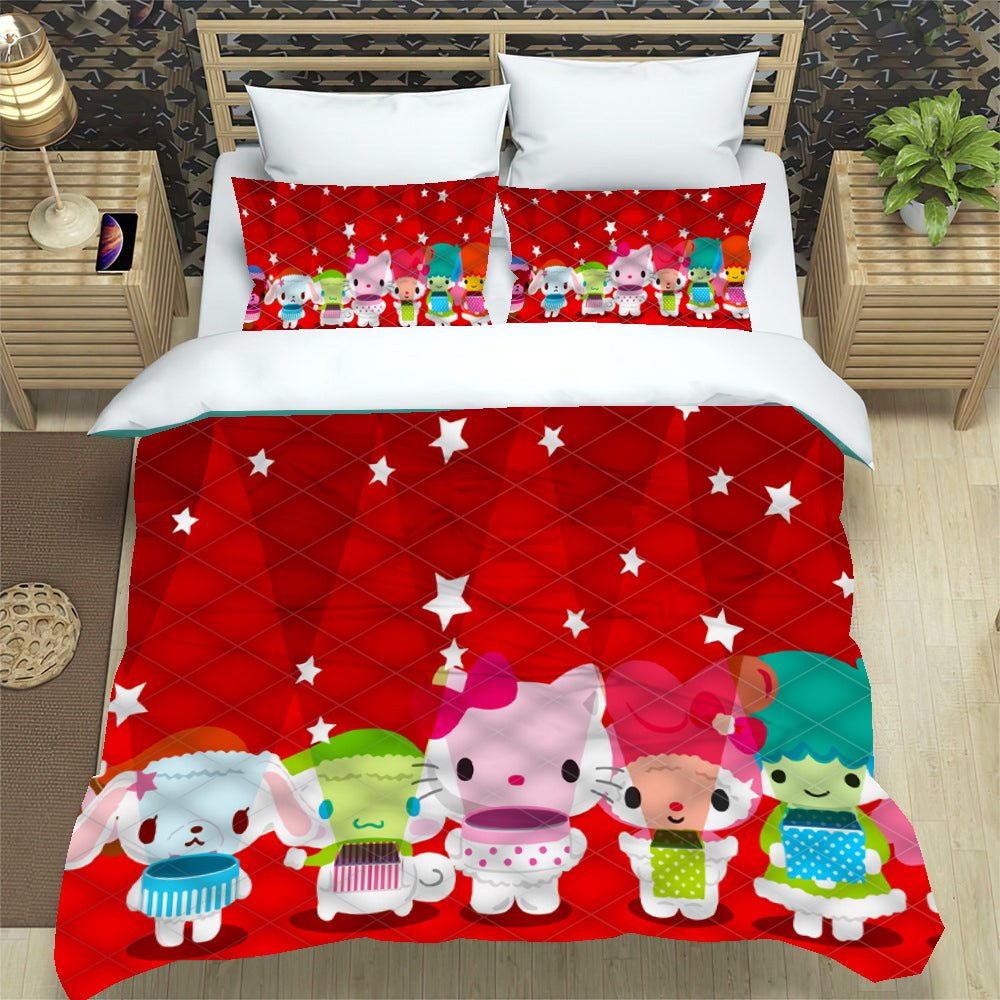 Hello Kitty Red And White Plaid Background Bedding Set Twin