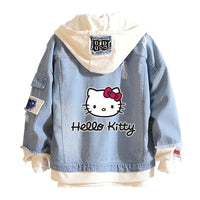 Hello Kitty Jacket Hooded Jeans Sweatshirt Unisex Ripped Hole Cosplay Denim Jacket - Lusy Store LLC