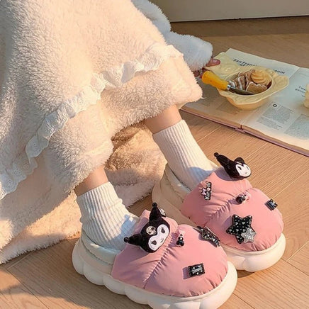 Kuromi Slippers Cute Girl Warm Cotton Home Plush Slippers Outdoor Anti Slip Cotton Shoes - Lusy Store LLC