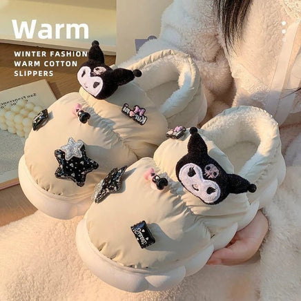 Kuromi Slippers Cute Girl Warm Cotton Home Plush Slippers Outdoor Anti Slip Cotton Shoes - Lusy Store LLC