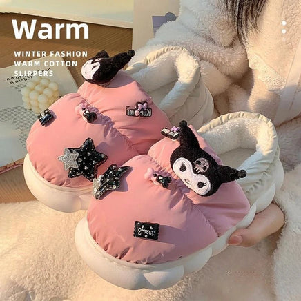 Kuromi Slippers Cute Girl Warm Cotton Home Plush Slippers Outdoor Anti Slip Cotton Shoes - Lusy Store LLC