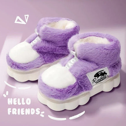 Plush Slippers Cotton Warm Shoes Plush Lining Indoor Couple Slides Platform High Top Home Slippers - Lusy Store LLC