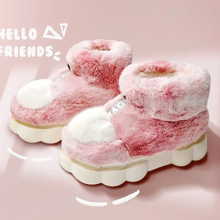 Plush Slippers Cotton Warm Shoes Plush Lining Indoor Couple Slides Platform High Top Home Slippers - Lusy Store LLC