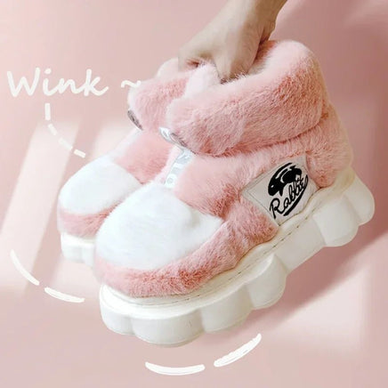 Plush Slippers Cotton Warm Shoes Plush Lining Indoor Couple Slides Platform High Top Home Slippers - Lusy Store LLC